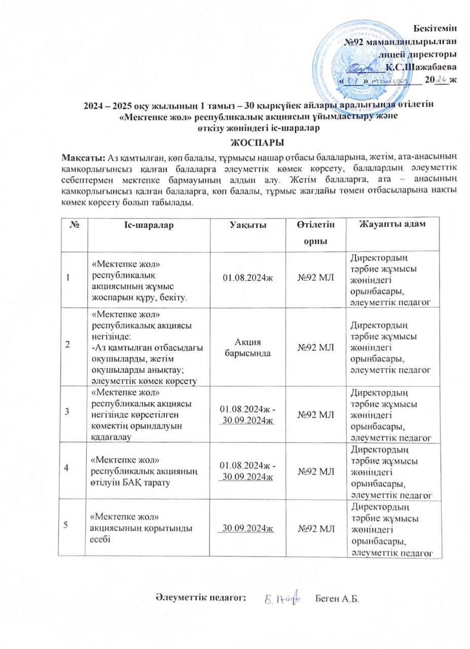 «Мектепке жол» республикалық акциясы ұйымдастыру және өткізу жөніндегі іс-шаралар ЖОСПАРЫ