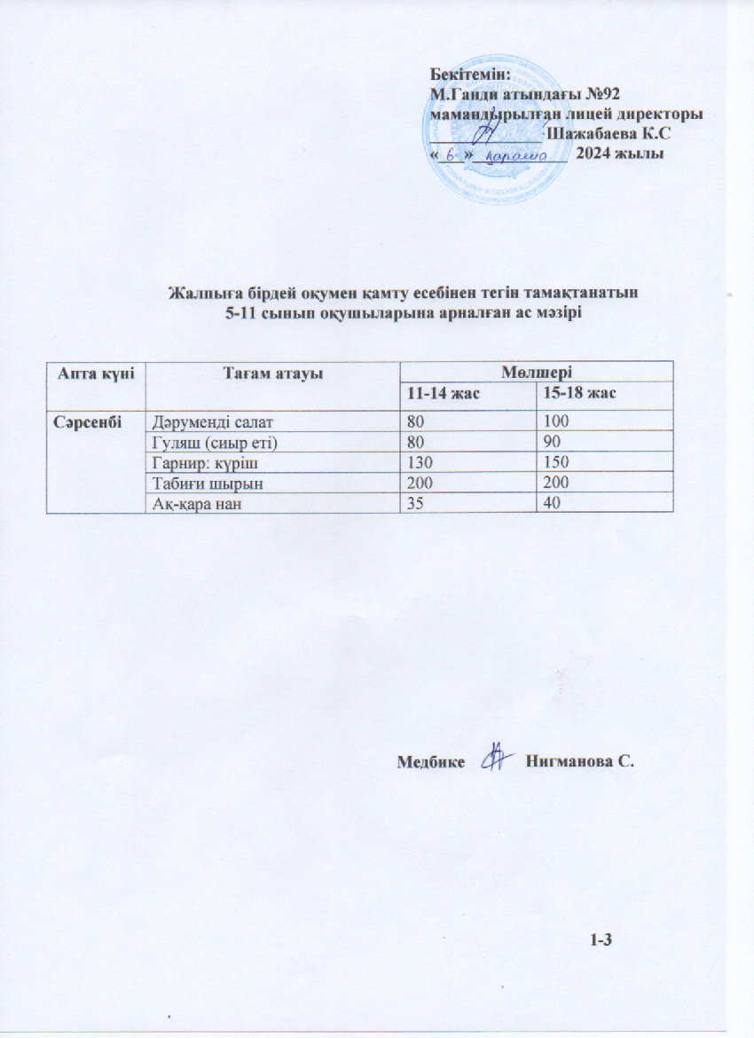 Ас мәзірі - 06.11.2024ж