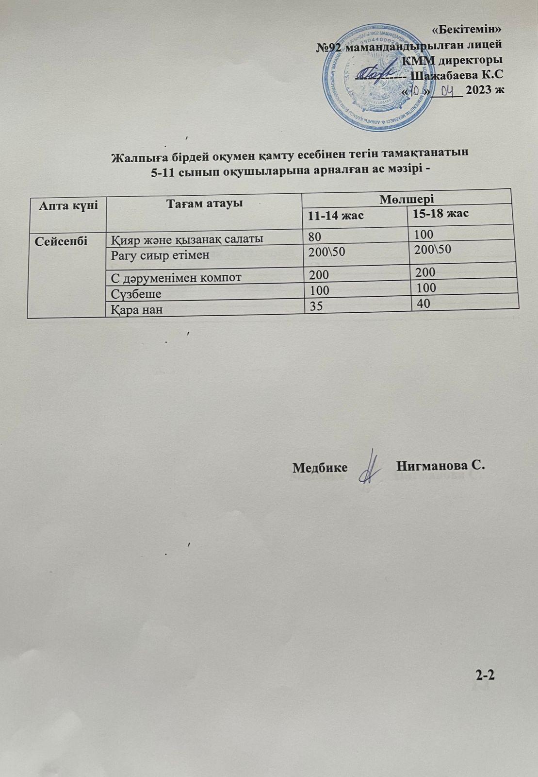 Ас мәзірі-11.04.2023 жыл