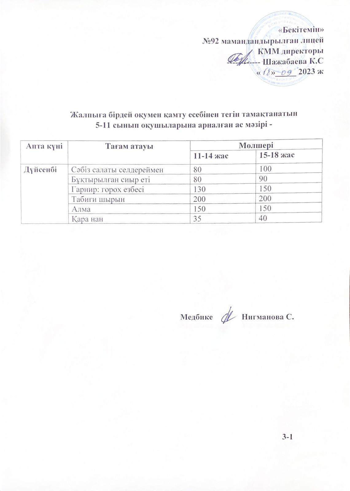 Ас мәзірі-18.09.2023 жыл