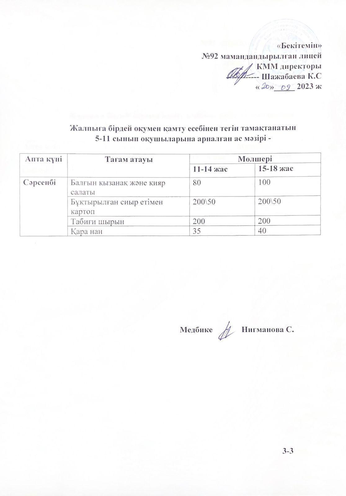 Ас мәзірі-20.09.2023 жыл