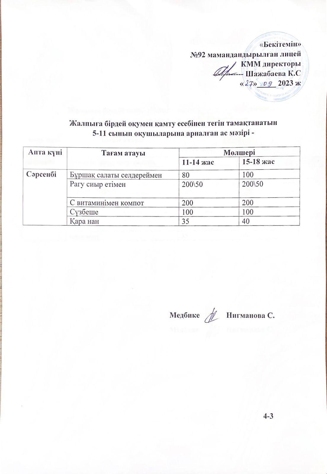 Ас мәзірі-27.09.2023 жыл