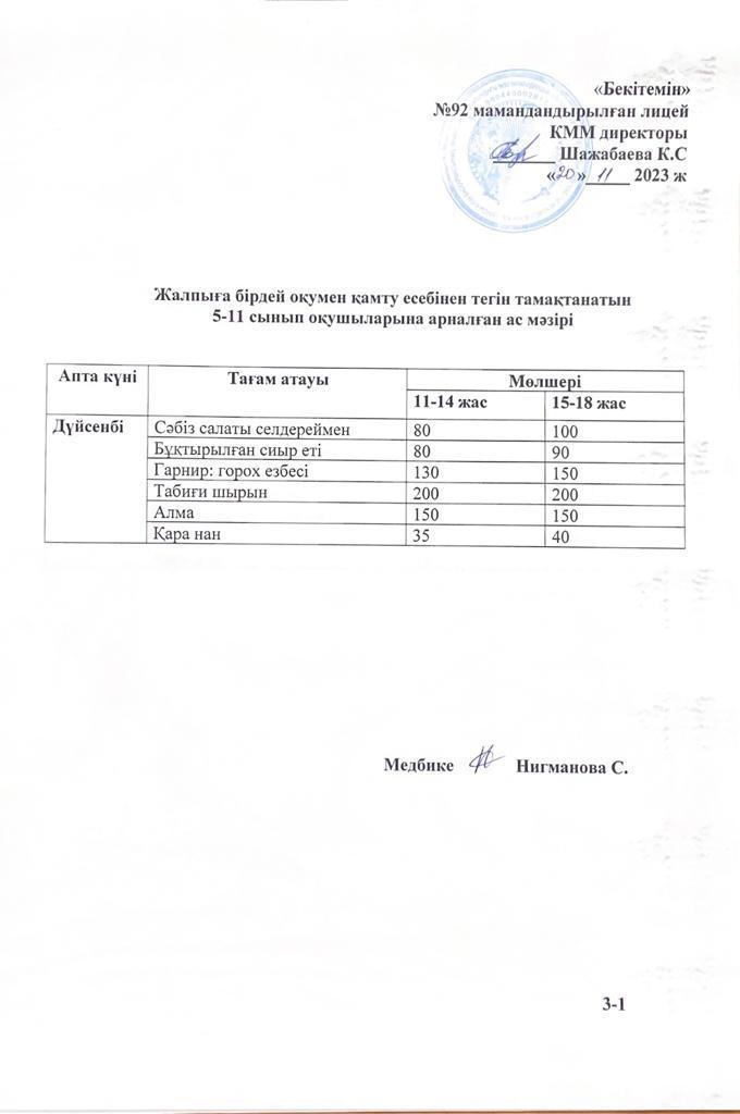 Ас мәзірі-20.11.2023 жыл