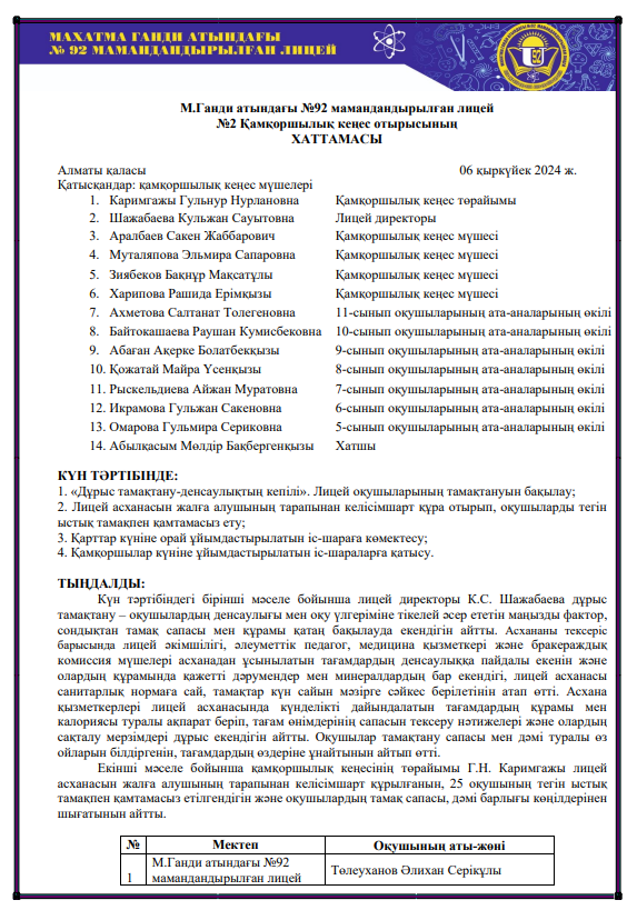 Қамқоршылық кеңес №2 Хаттама 2024-2025 оқу жылы