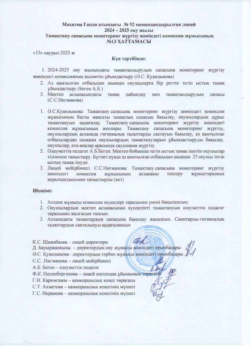 Тамақтану сапасына мониторинг жүргізу жөніндегі комиссия жұмысының №13 ХАТТАМАСЫ