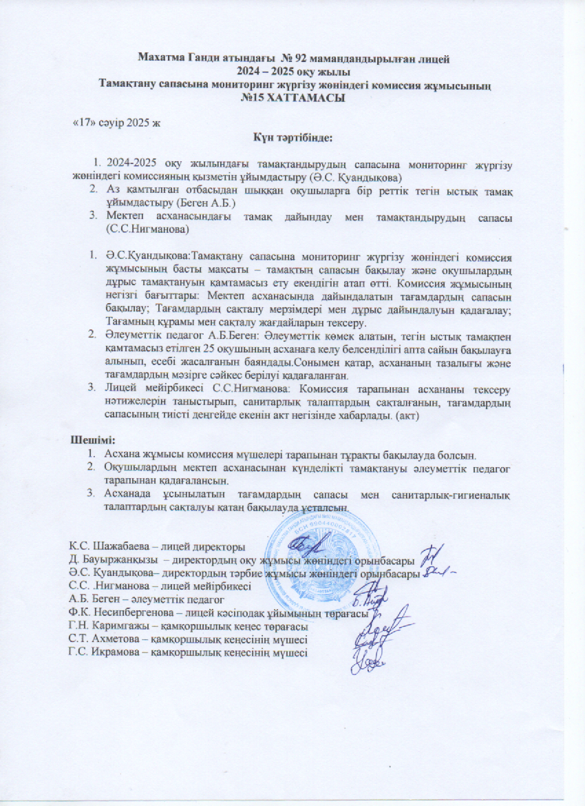 Тамақтану сапасына мониторинг жүргізу жөніндегі комиссия жұмысының №15 ХАТТАМАСЫ
