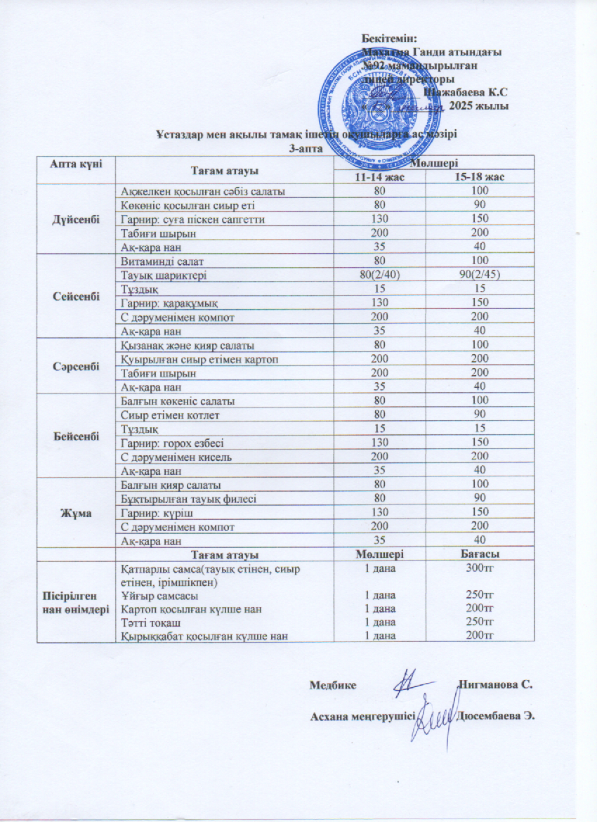 Ұстаздар мен ақылы тамақ ішетін оқушыларға ас мәзірі