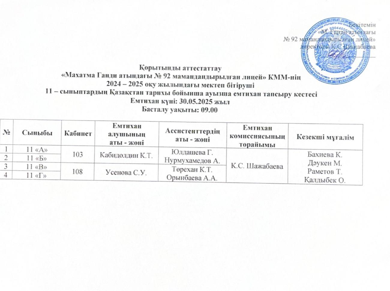 11-сыныптардың мемлекеттік емтихан тапсыру кестесі