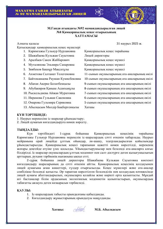Қамқоршылық кеңес №4 Хаттама 2024-2025 оқу жылы