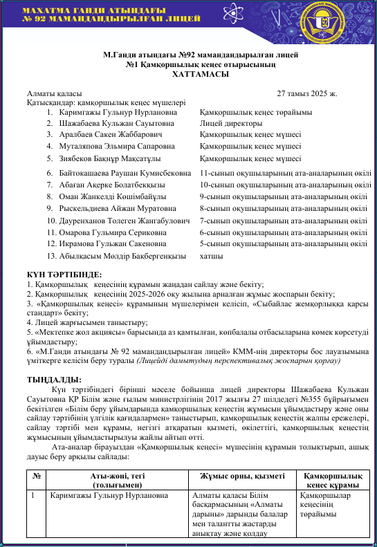 №1 Қамқоршылық кеңес хаттамасы 2025-2026 оқу жылы