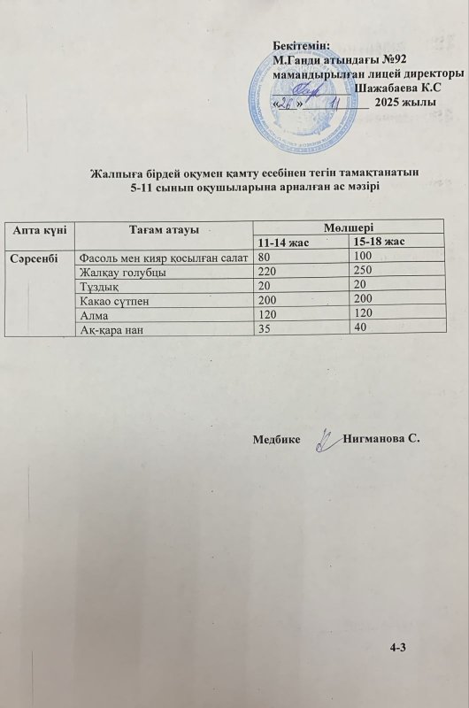 Ас мәзірі - 26.11.2025 жыл