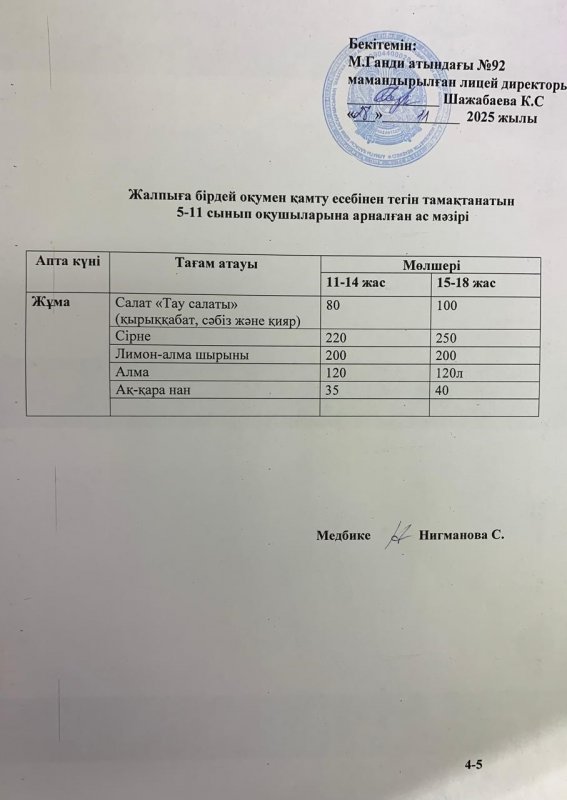 Ас мәзірі - 28.11.2025 жыл