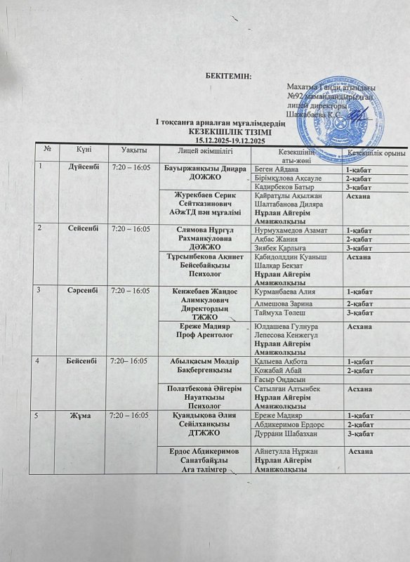 Мұғалімдер кезекшілік кестесі