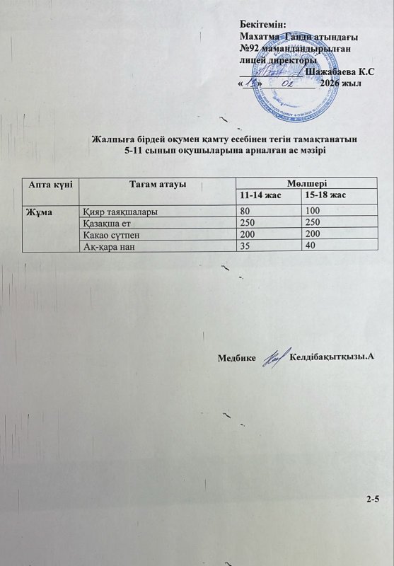 Ас мәзірі 13,02.2026 жыл