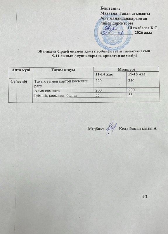 Ас мәзірі 31.03.2026 жыл