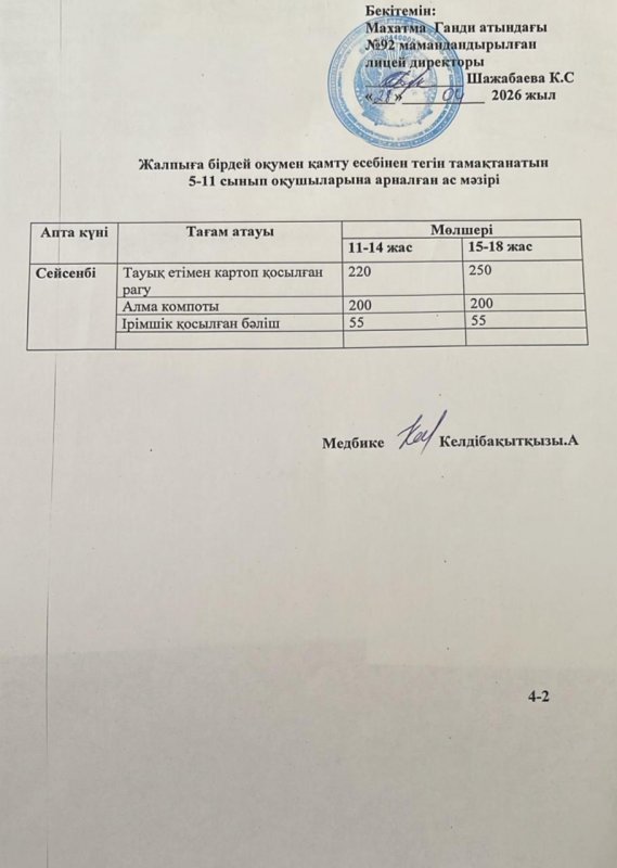 Ас мәзірі 28.04.2026 жыл