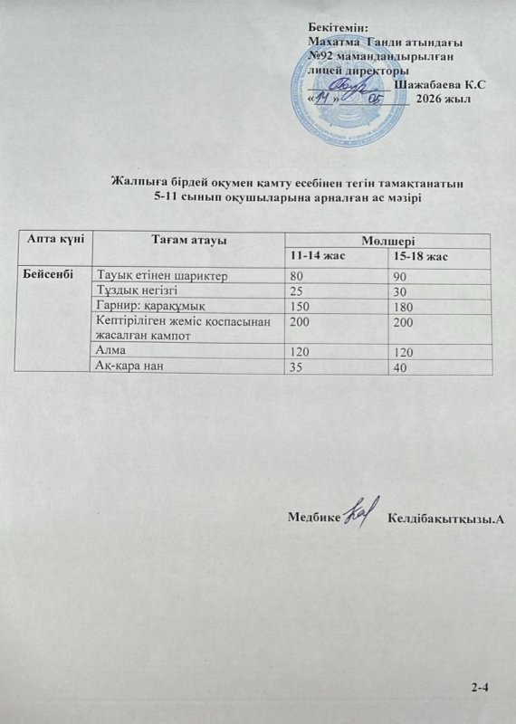 Ас мәзірі 14.05.2026 жыл