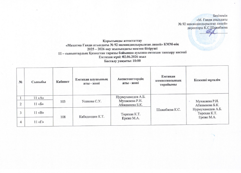 Мемлекеттік қорытынды аттестаттау емтиханын тапсыру кестесі 11-сынып